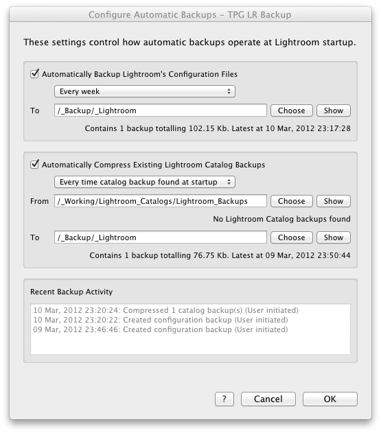 LR Backup Configure Automatic Backups dialog